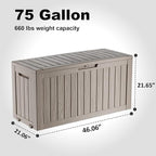 75 Gallon Outdoor Storage Box, Resin Deck Boxes Waterproof, Indoor Outdoor Bin for Package Delivery, Patio Cushions, Gardening Tools, Lockable, UV Resistant