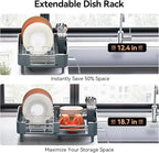 Stainless Steel Dish Drying Rack - Dish Drainer for Kitchen Counter, Extendable Drainboard with Foldable, Space-Saving Cup & Bowl Organizer, Includes Knife and Utensil Holder, Matte-Green