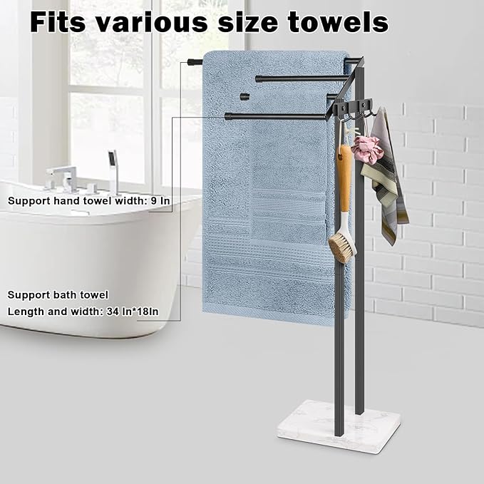 HarJue Towel Rack for Bathroom, 36” H Towel Holder Stand, Bath Towels Sheet Holder with Marble Base, Standing Rack for Home Pool Outdoor Floor, Store Family Member Towels (Black, 36” H-Hooks)