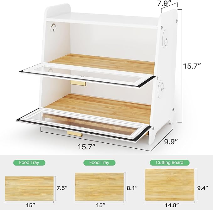 SNTD Bread Box - Kitchen Countertop Bread Storage Container with Bamboo Cutting Board, Adjustable Vent Hole Dials, White