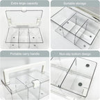 KIMCHOMERSE Large Qtip Holder, Cosmetic Organizer with Carry Handle, Adjustable 3 Compartments Qtip Dispenser for Swabs, Cotton Pads, Small Items Storage Organizer for Desktops and Drawers - Clear