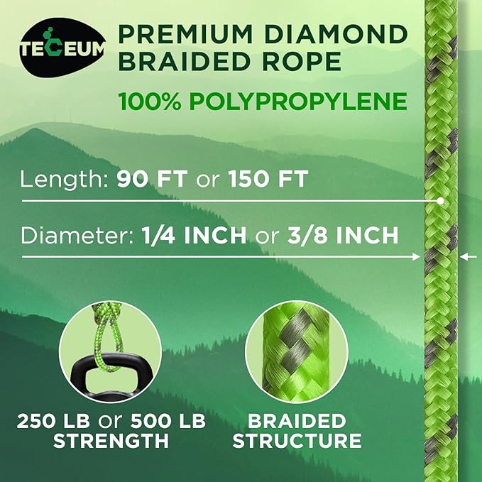 TECEUM Rope – 90 Feet x 3/8 Inch (10mm) – Green Gray – Strong All-Purpose Utility Rope – Camping, Crafting, Flag Pole, Indoor & Outdoor – Polypropylene Nylon Poly Lightweight Diamond Braided Cord