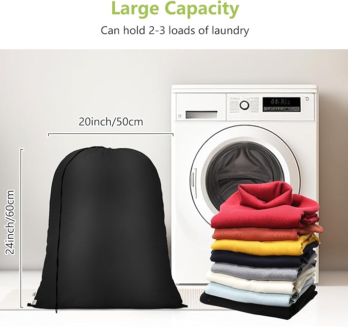 OTraki 20 x 24 inch Laundry Bag 2 Pack Travel Laundry Bags Medium Washable Dirty Clothes Bag Organizer with Drawstring Closure for Camp Fit Laundry Hamper Drying Do Not Exceed 176℉ Black