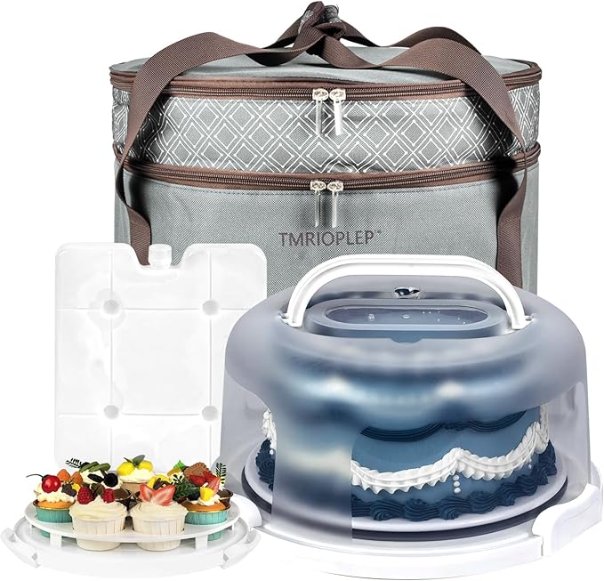 TMRIOPELP Tall Cake Carrier with Lid and Handle Insulated Cake Container Cake Transport Carrier Ideal for Pies Cupcakes and Pastries Perfect for Safe and Secure Cake Delivery (Grey, 10 inch)