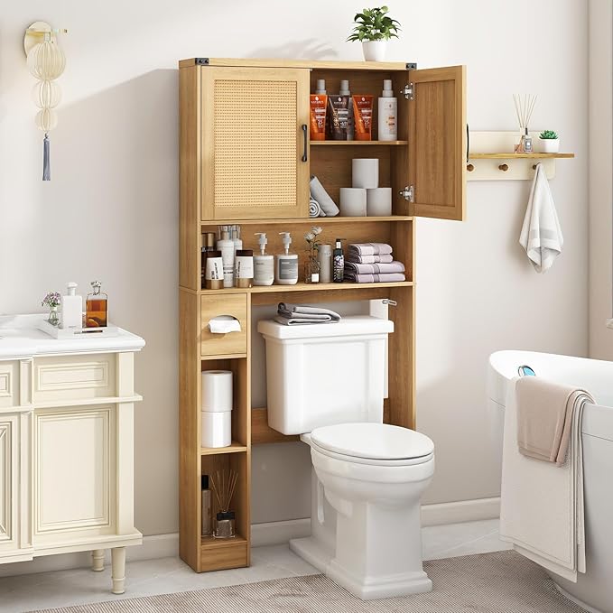 Vabches Over The Toilet Storage Cabinet, Farmhouse Rattan Storage Cabinet Over Toilet with 2 Rattan Barn Doors & Home Space-Saving Toilet Rack, for Bathroom, Restroom, Laundry