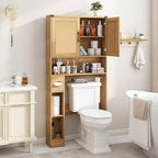 Vabches Over The Toilet Storage Cabinet, Farmhouse Rattan Storage Cabinet Over Toilet with 2 Rattan Barn Doors & Home Space-Saving Toilet Rack, for Bathroom, Restroom, Laundry
