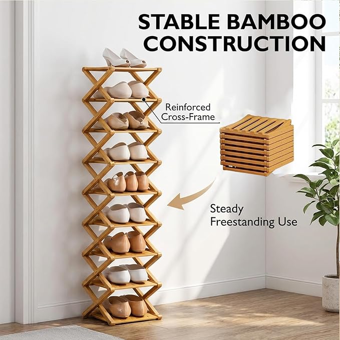 9 Tier Bamboo Shoe Rack, Foldable Shoe Rack, Shoe Rack, Ertical Shoe Organizer for Small Spaces, No Assembly Narrow Shoe Shelf for Entryway Closet Dorm (Yellow, 4 Layers)