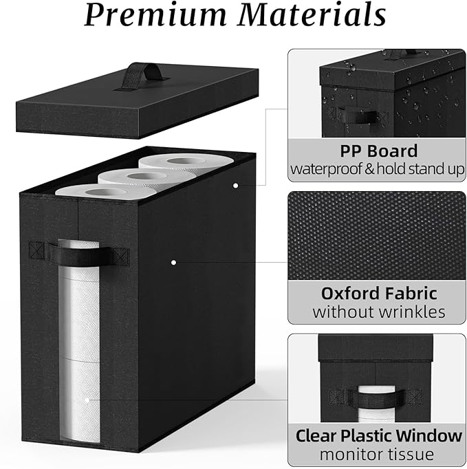 Bathroom Toilet Paper Storage with Lid - for Up to 12 Rolls | Storage Bins with Lids for Towel or Yarn | Free Standing | Foldable | Moisture Resistant | Clear Plastic Window | Black | 2 Pack