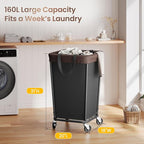 160L Laundry Basket with Wheels, 2-section Rolling Laundry Basket, Large Laundry Hamper with Wheels, Rolling Laundry Hamper Clothes Hamper for Home, Bathrooms and Dorm(Black)