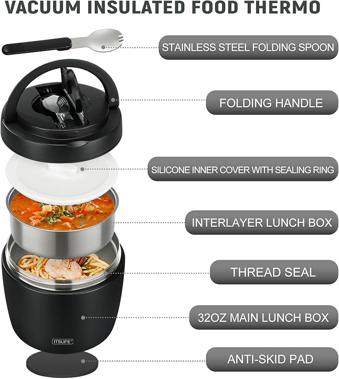 Itslife 32oz Insulated Soup Thermos, Vacuum Stainless Steel Food Jar for Hot & Cold Food, Leakproof Wide Mouth Lunch Container with Spoon, Black