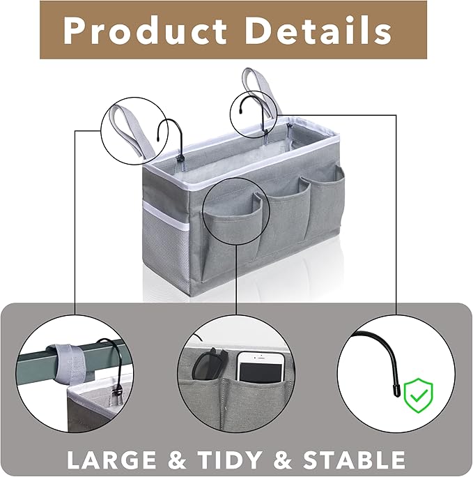Bedside Caddy Hanging Storage Bag, Organizer Baskets with Pockets for Bunk Bed Accessories, Loft & Dorm Rooms Chair Bed Rails (Gray)