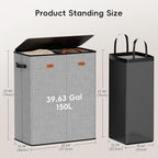 150L Double Laundry Hamper With Lid, Large Clothes Hampers with Removable Bag, Laundry Hamper 2 Section for Bathroom, Bedroom, Laundry Room, Dorm, Grey