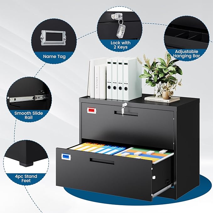 2 Drawer File Cabinet, Lateral Filing Cabinets for Home Office, Office Storage Drawers with Lock, Hanging Files Legal/Letter A4 Size (Assemble Required,Black)
