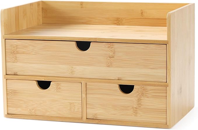 Wisuce Bamboo Desk Drawer Organizer, Desktop Organizer with Drawers Tabletop Storage Organization Box for Office Home Toiletries Supplies Vanity, No Assembly Required(1 with shelf-3 Drawers)