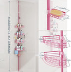 Consumest Corner Shower Caddy Tension Pole - Rustproof Shower Shelves with Towel Bar & Soap Holder, Adjustable Bath Organizer for Bathroom Storage, 27.6-108.3 inch, Pink