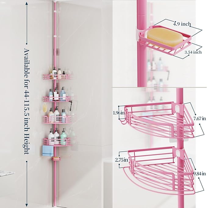 Consumest Corner Shower Caddy Tension Pole - Rustproof Shower Shelves with Towel Bar & Soap Holder, Adjustable Bath Organizer for Bathroom Storage, 27.6-108.3 inch, Pink