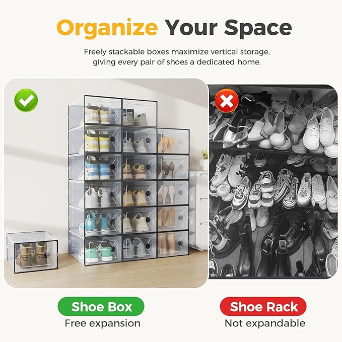 NEWBULIG 45 Clear Shoe Storage Boxes, Shoe Organizer for Closet with Lid, Plastic Stackable Breathable Shoe Cabinet with Lid for Sneakers, Heels & Boots, Black