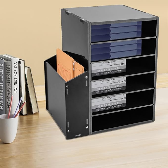 Literature Organizers With Side Storage cabinet, 6 Compartments Office Mailbox with Adjustable Shelves, PVC Board Literature Sorter for Office, Home, Classroom, Mailrooms Organization, Black