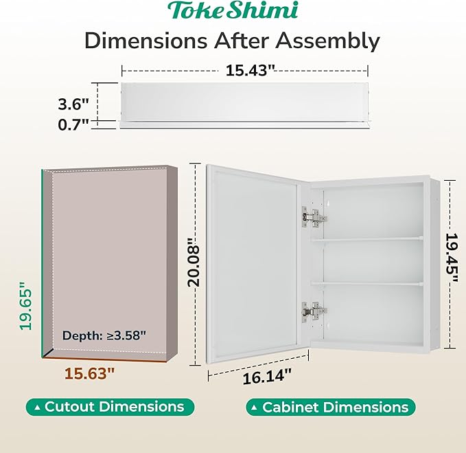 TokeShimi 16 x 20 Mirrored Medicine Cabinet, Tempered Beveled Mirror, White Medicine Cabinet with Mirror, Assembly Required, Stepless Adjustable Shelves, Recessed/Wall Mount