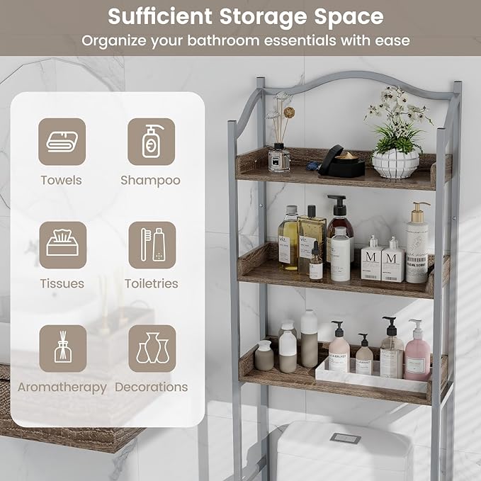 Tangkula Over The Toilet Storage Rack, 3-Tier Above Toilet Bathroom Shelf with Adjustable Bottom Bar & Anti-Toppling Devices, Metal Frame, Freestanding Bathroom Space Saver for Laundry (Silver, 66"H)