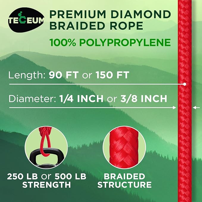 TECEUM Rope – 150 Feet x 1/4 Inch (7mm) – Red – Strong All-Purpose Utility Rope – Camping, Crafting, Flag Pole, Indoor & Outdoor – Polypropylene Nylon Poly Lightweight Diamond Braided Cord