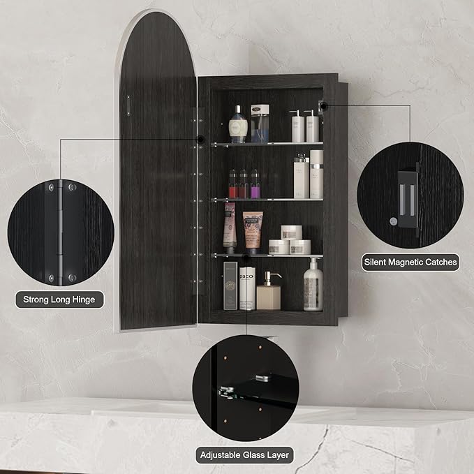 Arched Medicine Cabinet with Mirror,Recessed Medicine Cabinet Mirrors for Bathroom Mirror with Storage,Arched Metal Edge Medicine Cabinet,Brushed Nickel Arch Medicine Cabinets Mirror 16x31