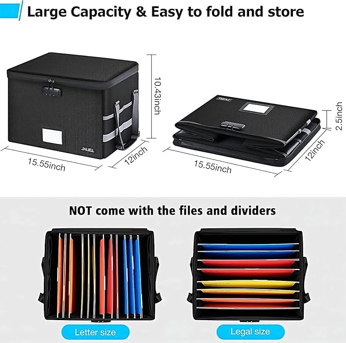 File Box with Lock, Fireproof Document Box File Organizer with Zipper & Adjustable Handle, Collapsible File Storage Box for Home Office, Filing Cabinet for Hanging Letter/Legal Folder