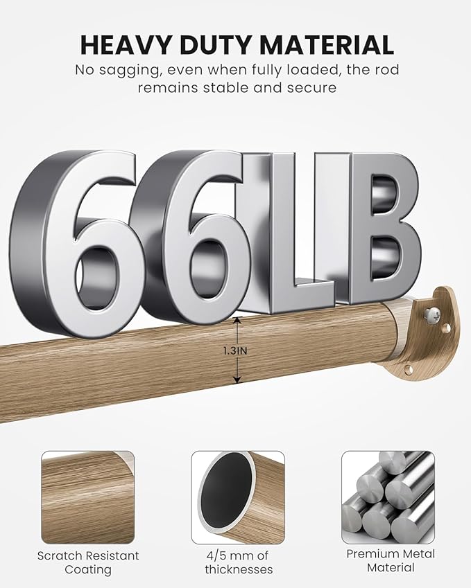 Closet Rods for Hanging Clothes, 17 to 84 Inches Stepless Adjustable Metal Closet Rod, 1.3 Inches Heavy Duty Clothes Hanging Rod for Closet Wardrobes Laundry RV(Wood Grain)
