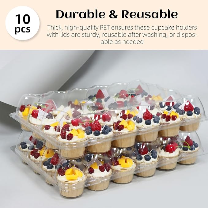 24 Count x 10 Sets Plastic Cupcake Containers, Durable and BPA-Free Cupcake Holder with Lid for Easy Transport Storage, Stackable Clear Cupcake Carriers, Reusable Dessert Boxes