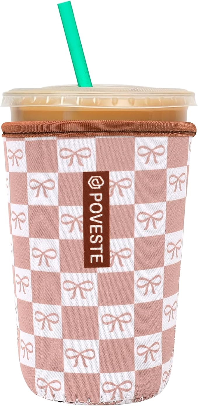 Reusable Neoprene Insulator Sleeve for Iced Coffee & Cold Soda, Coffee Sleeves for Iced & Hot Drinks, Cold Beverage Cooler Compatible with Starbucks, Dunkin (MochCheckerboad&Bow, Medium: 22-24oz)