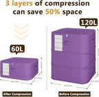 3-Layer Compressible with Zippers Blanket & Comforter Storage Bag,Ultra Space Saving Self Compression Organizer，Save 50% Space, 2 PCS，Purple