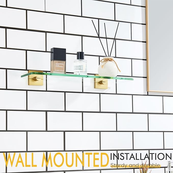 KOKOSIRI Floating Wall Shelf 16-Inch Bathroom Tempered Glass Shelves Shower Rack Kitchen Storage Home Decor, 2 Pack Gold Stainless Steel B1107BG-L16-P2