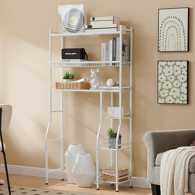 Lauren&Harold 6-Tier Over The Toilet Storage with Side Rack, 32.8" W x 12.2" D x 61" H Over Toilet Bathroom Organizer, Freestanding Above Over Toilet Storage Shelf for Restroom, Laundry, White
