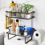 Over The Toilet Storage，Bathroom Shelves Over Toilet,2 Tier Above Toilet Storage with Hanging Hook & Toilet Paper Holder,Non-Trace Adhesive, No Drilling Toilet Organizer (Black)