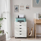 OLIXIS 5 Drawer Mobile File Cabinet Under Desk Storage Organization with Wheels Vertical Filing Chest Rolling Wood Small Desk Printer Stand for Home Office, 15.75"D x 18.74"W x 25.39"H, White