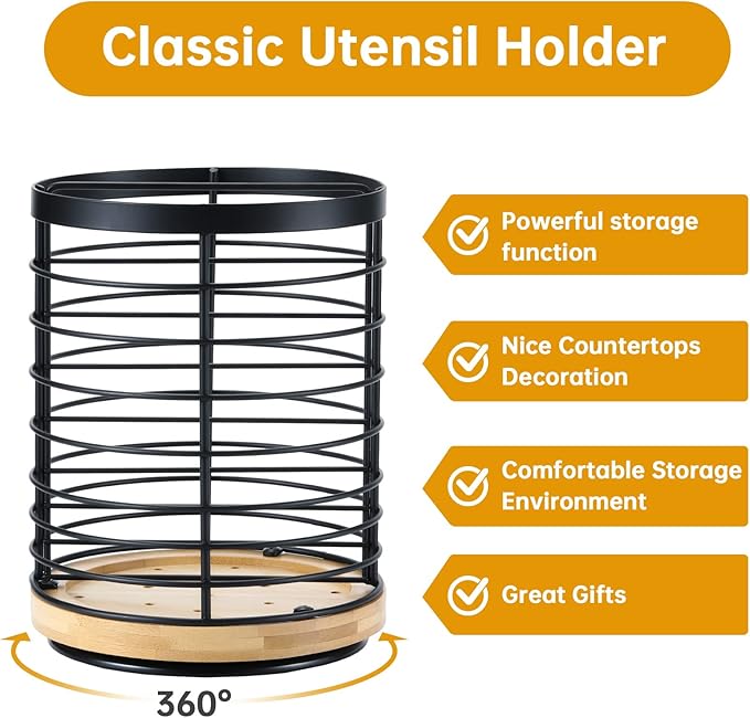 360° Rotating Utensil holder for Kitchen Counter 5.9 x 5.9 x 7.8 Large Round Utensils Holder with Wooden Base Matte Black Cooking Utensil Holder，Kitchen countertop Utensil Organizer