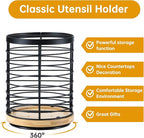 360° Rotating Utensil holder for Kitchen Counter 5.9 x 5.9 x 7.8 Large Round Utensils Holder with Wooden Base Matte Black Cooking Utensil Holder，Kitchen countertop Utensil Organizer