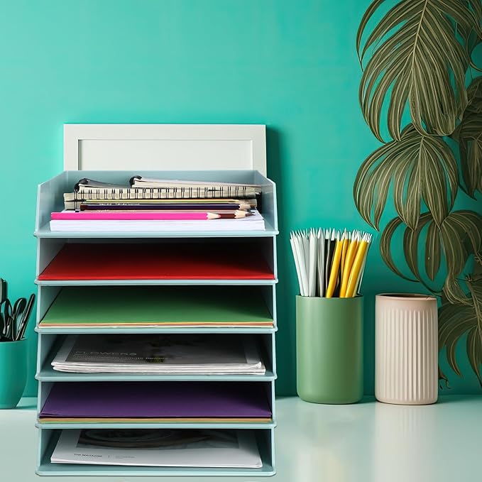 Tatuo 8 Pack Stackable Paper Trays Plastic Letter Tray Desk Organizer Paper Holder Organizer Storage Office Desk Accessories for Classroom Magazine File Documents 12.8 x 9.45 x 1.97, Blue Green