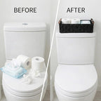Back of Toilet Basket with Wood Handles, Black Wicker Toilet Paper Basket for Toilet Tank Top, Narrow Toilet Tank Basket, Bathroom Basket Organizer for Wipes & Essentials