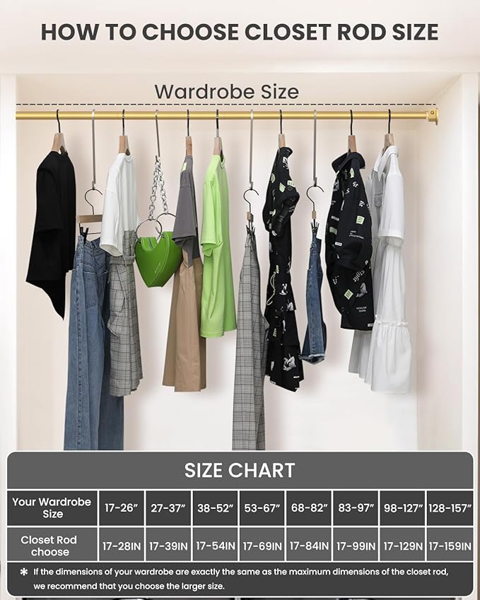 Closet Rods for Hanging Clothes, 17 to 84 Inches Stepless Adjustable Metal Closet Rod, 1.3 Inches Heavy Duty Clothes Hanging Rod for Closet Wardrobes Laundry RV, Golden