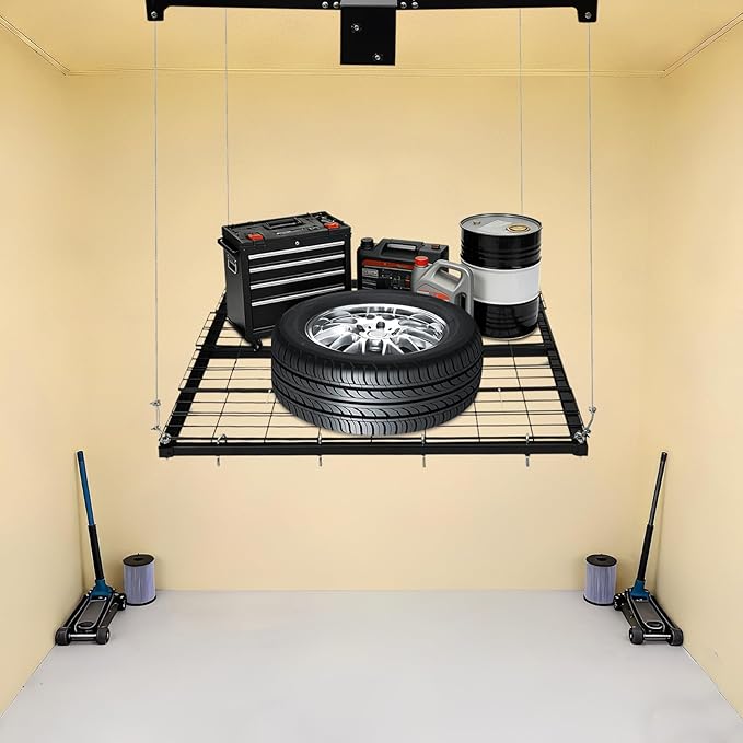 Ceiling Mount Garage Storage Rack, 4x4 Ft Overhead Lifting Storage Rack with 250 lbs Capacity, Adjustable Max Height 8 Ft with Crank Handle, Carbon Steel for Garage Warehouse Organization, Black