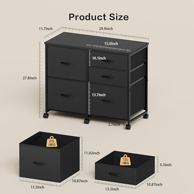 Lateral File Cabinet with 5 Drawers Rolling Filing Cabinets Under Desk Storage Printer Stand with Wheels,Mobile File Cabinet for Home Office,Black