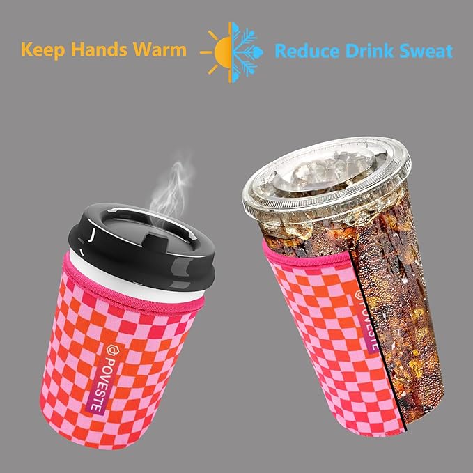 Reusable Neoprene Insulator Sleeve for Iced Coffee & Cold Soda, Coffee Sleeves for Iced & Hot Drinks, Cold Beverage Cooler Compatible with Starbucks, Dunkin (Gradient Cherckerboard, Large: 32oz)