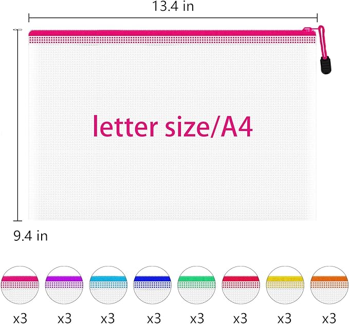24pcs A4 Mesh Zipper Pouch Bags, Mesh Bags with Zipper Bulk, Pouches for Organization, Clear Storage Bags for Classroom, Travel, Office