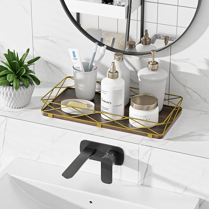 Toilet Paper Basket Holder, 13" Toilet Tank Tray, Wood and Metal Toilet Tray Vanity Organizer Bathroom Tray, Kitchen Sink Organizer for Soap Dispenser (Brown+Gold)