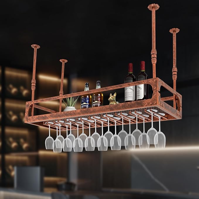 Industrial Wine Rack Ceiling Mounted, 110 lbs Heavy Duty, Adjustable Height, Holds 27 Glasses, Vintage Iron Floating Shelf for Kitchen, Bar, Restaurant (Copper-Colored)