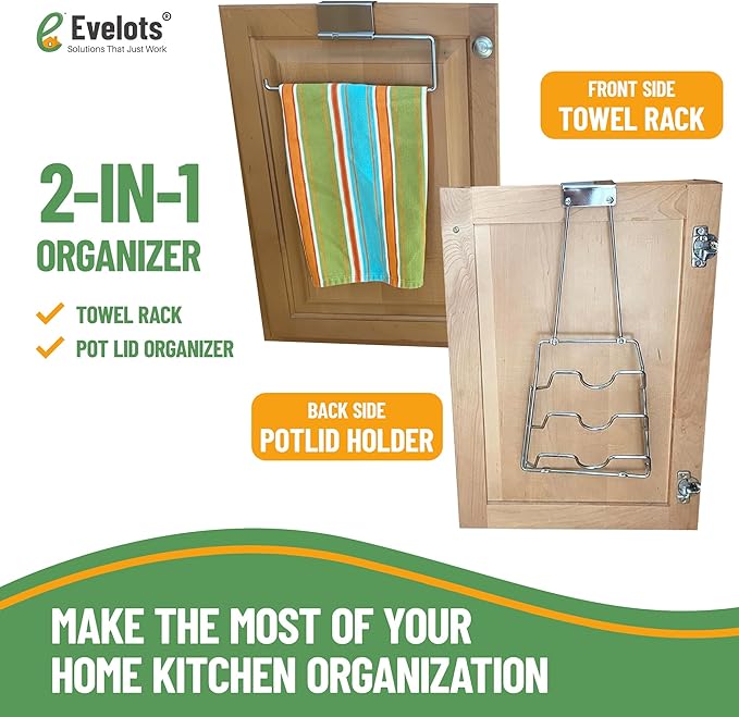 Evelots 2-in-1 Pot Lid Organizer with Towel Holder - 2 Pack, 3-Tier Cabinet Door Rack - Space-Saving Kitchen Organizer for Glass or Metal Pan Lids & Towels - Over the Door Design - Chrome