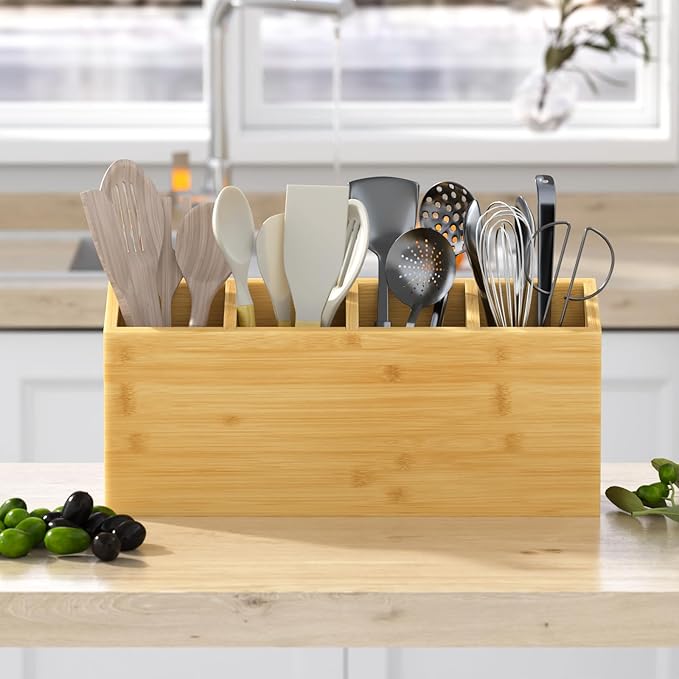 Wingsife Utensils Holder with 4 Compartments, Bamboo Utensil Organizer for Kitchen Countertop, Silverware Caddy Cutlery Holder for Flatware Fork Spoon Spatula, Cooking Utensil (Classic)