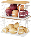 2 Pack Kitchen Organization for Onions,Potatoes - Fruit Basket for Kitchen Counter & Storage Basket,Stackable Storage Bins with Bamboo Top & Lightweight PP Mat,White