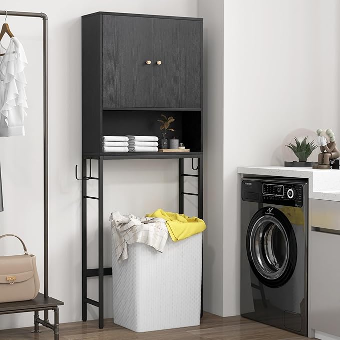 Tangkula Over The Toilet Storage Cabinet, Bathroom Space Saver Organizer with 2 Doors, Metal Stand, 2 Side Hooks, Freestanding Above Toilet Storage Cabinet for Restroom Laundry (Black)